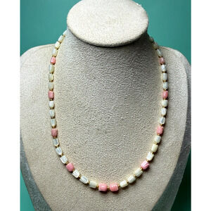 Vintage 17" Carved Shell MOP & Pink Angel Skin Coral Tulip Buds Beaded Necklace